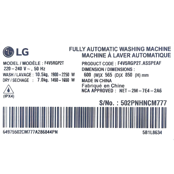 
	Machine à laver LG  F4V5RGP2T – 10.5/7 kg Lavante-séchante