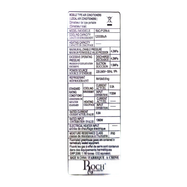 
	Climatiseur mobile Roch RAC-P12R4-A – 12000 BTU