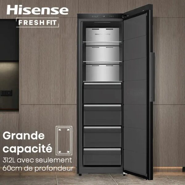 
	Congélateur Vertical Hisense FT5K310GSFC – 312L, 4 tiroirs,  No Frost, Inverter, Connecté WiFi & FreshFit