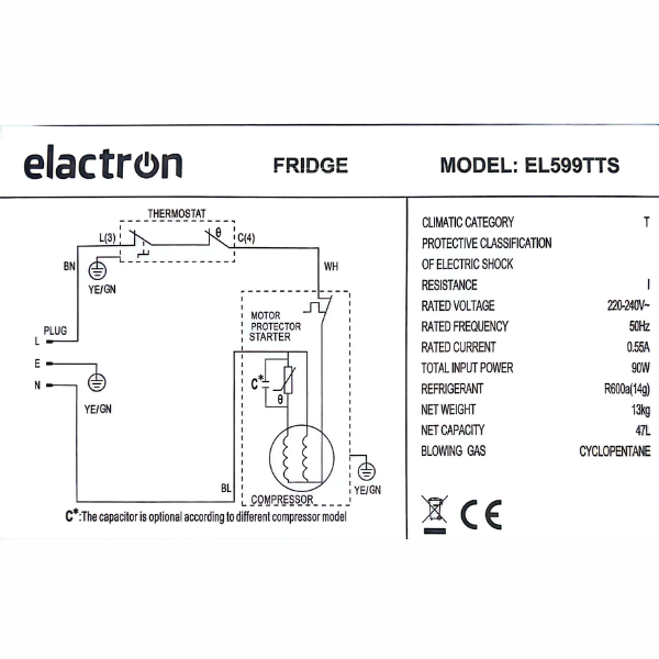 
	Réfrigérateur Bar ELACTRON  EL 599TTS 47L-A+
