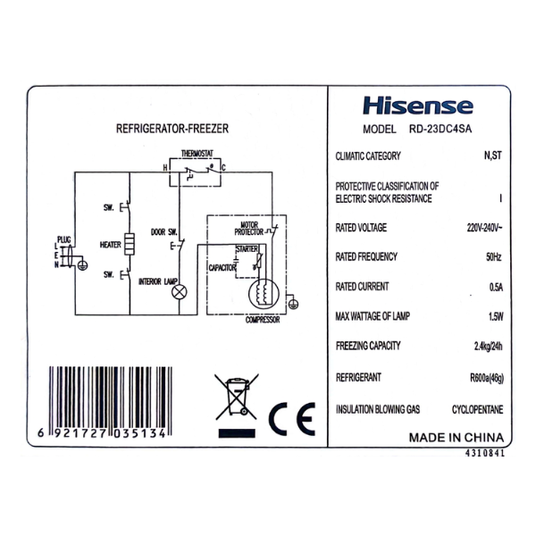 
	Réfrigérateur combiné Hisense RD-23DC4SA – 3T 175L