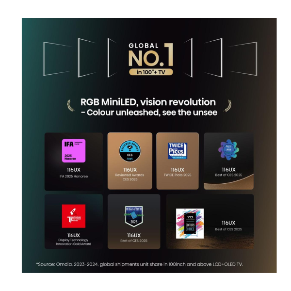 
	Téléviseur Hisense 100″ ULED-X QUANTUM DOT 4K RGB-MINI-LED RGB Mini LED AI Smart TV