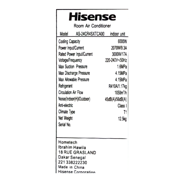 
	Split Hisense AS-24CR4 24000 BTU – R410A