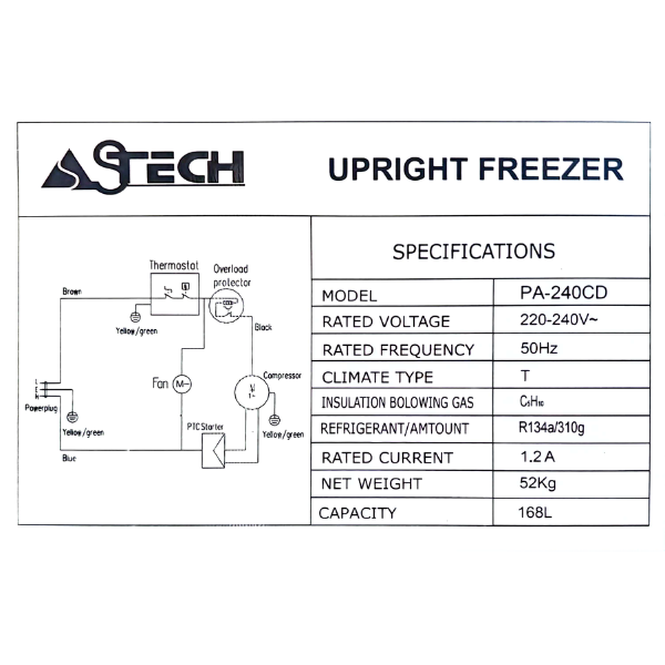 
	Congélateur Vertical ASTECH PA240S /CD- 240L-8T(Plaque alu)