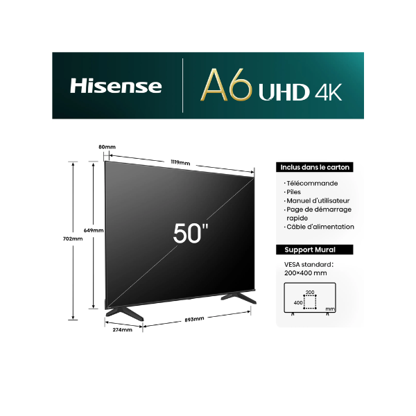 
	Téléviseur Hisense 50″ 50A6N Smart Tv 4K -Vidaa U