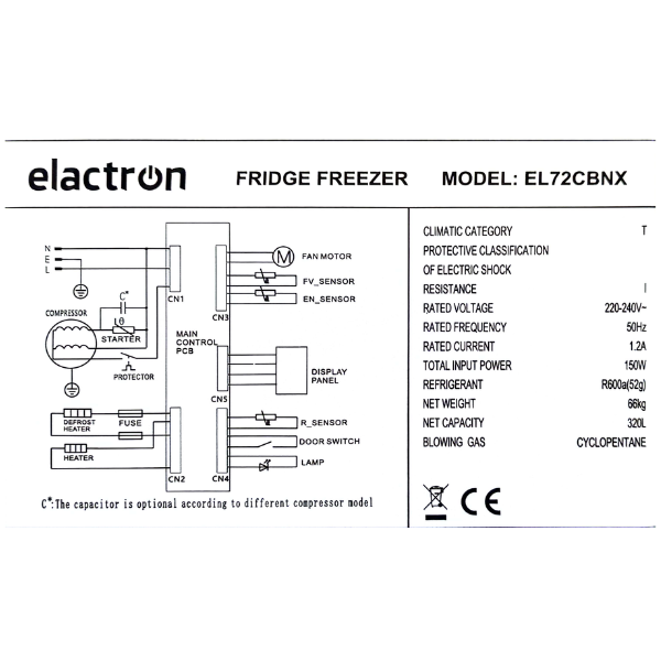 
	Réfrigérateur Combiné Congélation Bas ELACTRON-EL72CBNX-320L 3T (No frost)