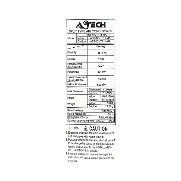 
	Split Astech 12VTF111 – 12000 BTU – (Inverter – Wifi)