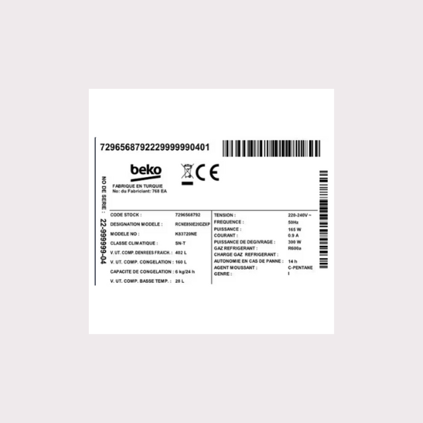 
	Réfrigérateur side-by-side Beko GN164020XP – 558 L