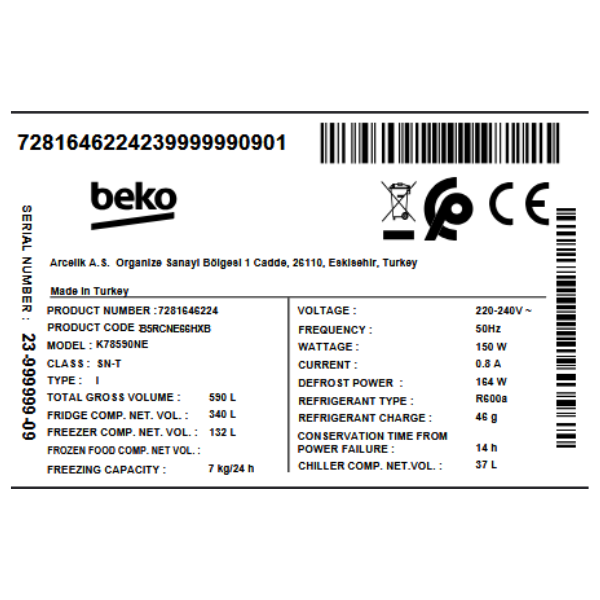 
	Réfrigérateur combiné Beko B5RCNE66HXB – 509L – 2 Tiroirs (NoFrost – Porte réversible – éclairage LED)