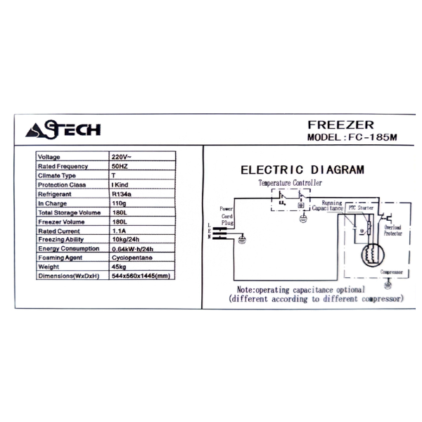 
	Congélateur vertical Astech FC-185M – 185L – 6T
