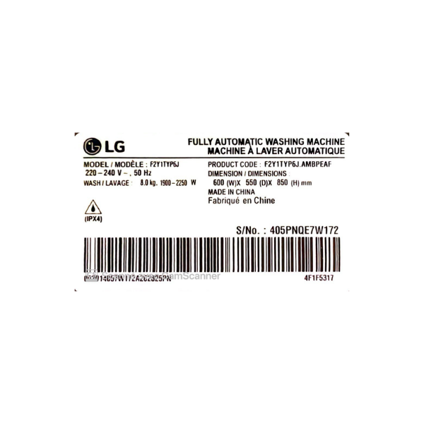 
	Machine à laver LG F2Y1TYP6J – 8Kg