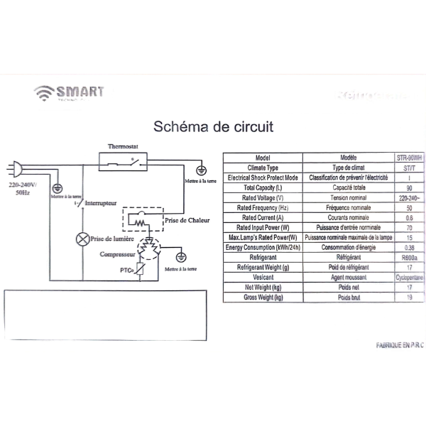 
	Réfrigérateur Bar SMART TECHNOLOGY-STR90WH-90L