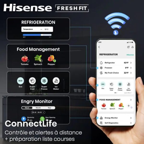
	Congélateur Vertical Hisense FT5K310GSFC – 312L, 4 tiroirs,  No Frost, Inverter, Connecté WiFi & FreshFit