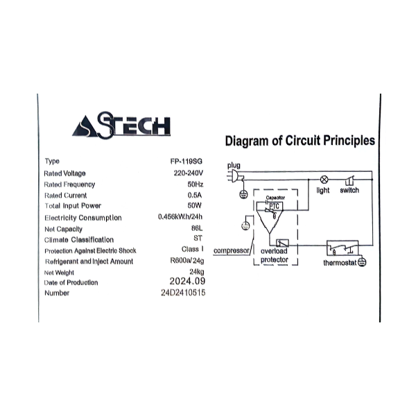 
	Réfrigérateur bar Astech FP-119SG -86 L