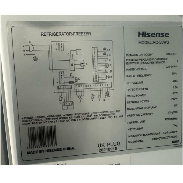 
	Réfrigérateur side by side HISENSE-RC-55WS4SA S/S 428L (INVERTER)