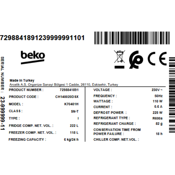
	Réfrigérateur combiné Beko CH140020DSX – 340L – MinFrost