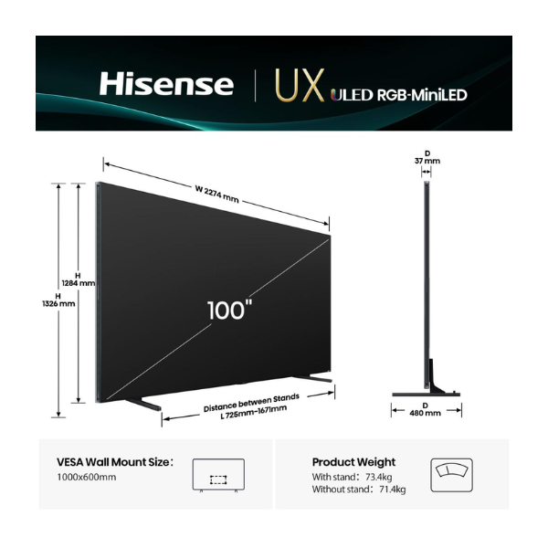 
	Téléviseur Hisense 100″ ULED-X QUANTUM DOT 4K RGB-MINI-LED RGB Mini LED AI Smart TV