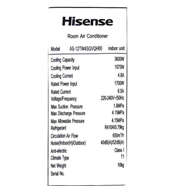 
	Split Inverter Hisense AS-12TW4SGVQE – 12000 BTU (Wi-Fi, Noir Élégant, A++)